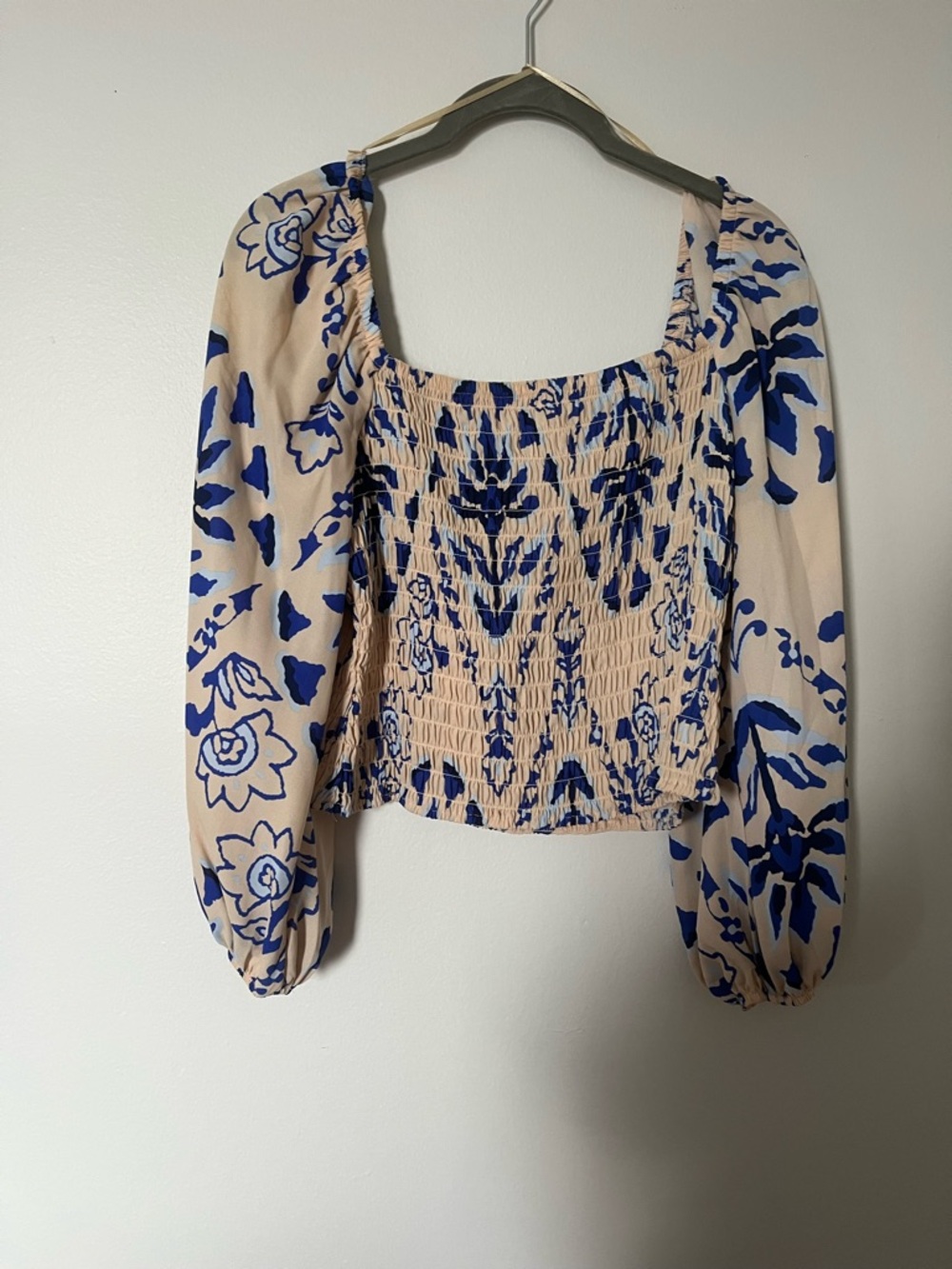 Sienna Sky Blue Floral Smocked Square-Neck Blouse on Cream